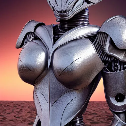 Image similar to chest up bust shot, realistic detailed stunning beautiful armored anthropomorphic humanoid robot female dragon, looking to the side with an elegant pose of hand on hip, smooth and streamlined armor and design made of steel, sharp claws and sharp teeth, high quality head, Slick LEDs, standing on two legs, on the beach during sunset, high quality, cinematic art, sci fi, sunset lighting, 3D render, 8k, artstation, deviantart, furaffinity