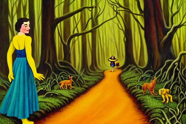 Image similar to a stunning wpa style painting of dorothy walking down the yellow brick road through a creepy forest with her friends, award winning art, banana slug.