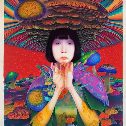 Image similar to a japanese psychedelic love goddess, a sense of awe, offering mushrooms, illustration, slime, amanita - muscaria, elegant, hyper realistic, super detailed, by tadanori yokoo