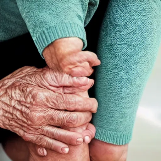 Prompt: elderly person holding their knee that has a wincing human face instead of a kneecap