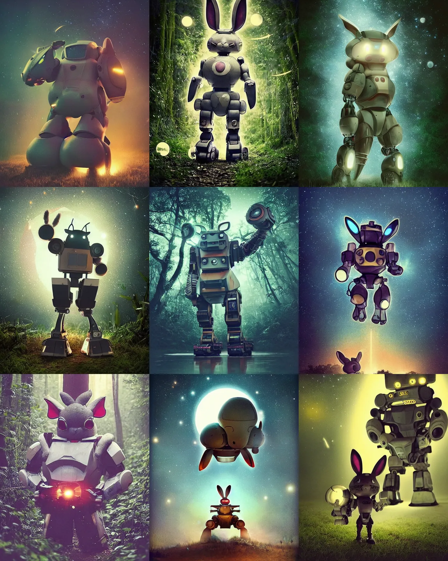 Prompt: dynamic pose !!!giant oversized battle rabbit robot chubby mech with big ears , on jungle night !!! , fireflies in front, full body , Cinematic focus, Polaroid photo, vintage , neutral dull colors, soft lights, foggy , stars moon , by NASA , by oleg oprisco , by victor enrich , by gregory crewdson , by discovery channel , by most wanted