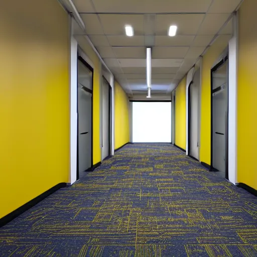 Image similar to liminal abandoned office hallways with walls and carpeting with a monochromatic tone of pale yellow, fluorescent lights, pale yellow walls, pale yellow carpet flooring, european office