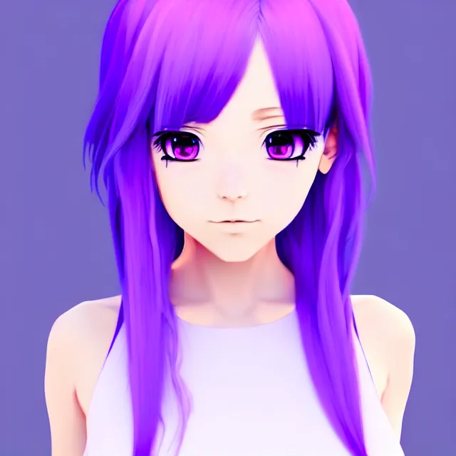 Image similar to a 3 d anime girl with lavender hair, purple eyes and white dress, profile photo, digital artwork, very beautiful face