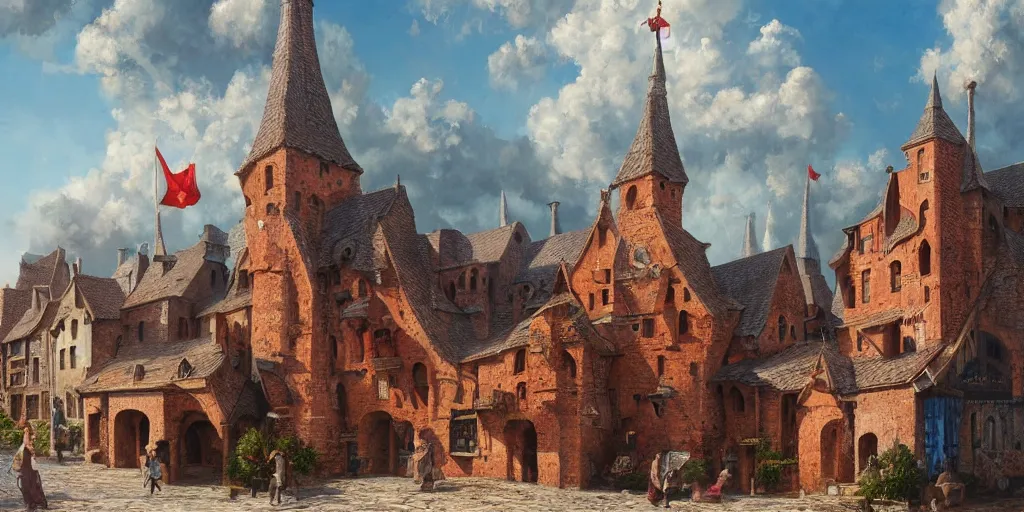 Image similar to hyper realistic oil painting of a medieval city, houses made out of red stone, houses made out of white stone, hyper detailed, high contrast, bright, summer, blue skies, by Greg Rutkowski, trending on artstation