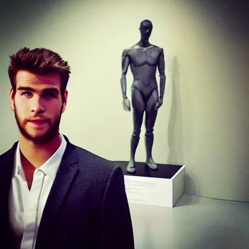 Image similar to “ a realistic detailed photo of a guy who is an attractive humanoid who is half robot and half humanoid, who is a male android, actor liam hemsworth, shiny skin, posing like a statue, blank stare, at the museum, on display ”