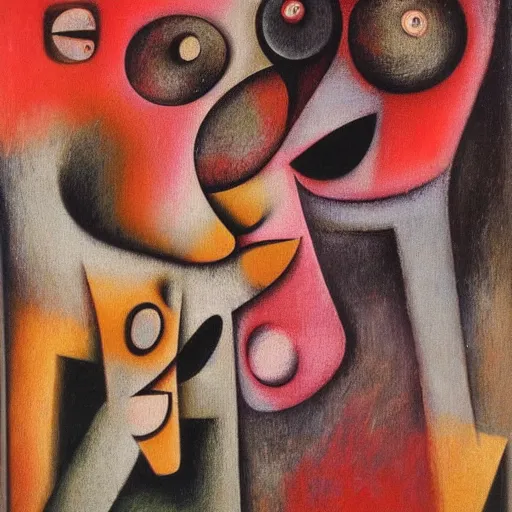 Image similar to Oil painting by Roberto Matta. Strange mechanical beings kissing. Close-up portrait by Lisa Yuskavage. Paul Klee.