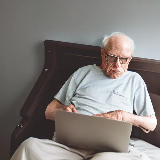 Image similar to elderly man sitting inside a casket browsing internet on laptop from a casket casket