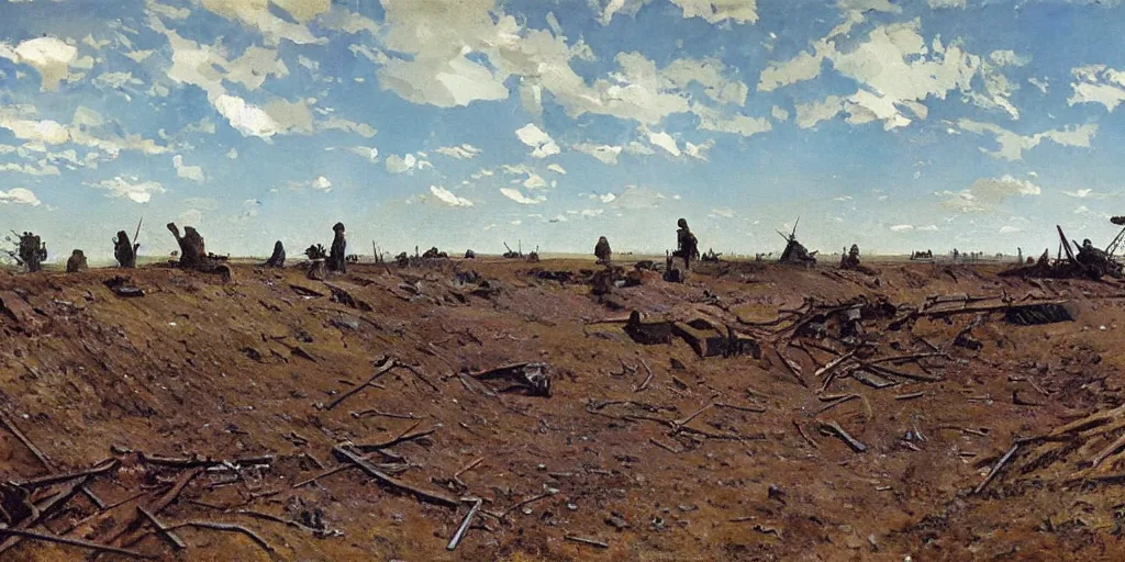 Prompt: aftermath of a battle on the Eastern Front, WW2, sunny day, craters and trenches, painting by Isaac Levitan