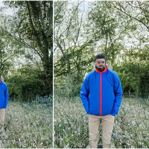 Image similar to steven bonnell ii in a blue jacket walking in a field, 5 0 mm sigma lens, sony a 7 siii