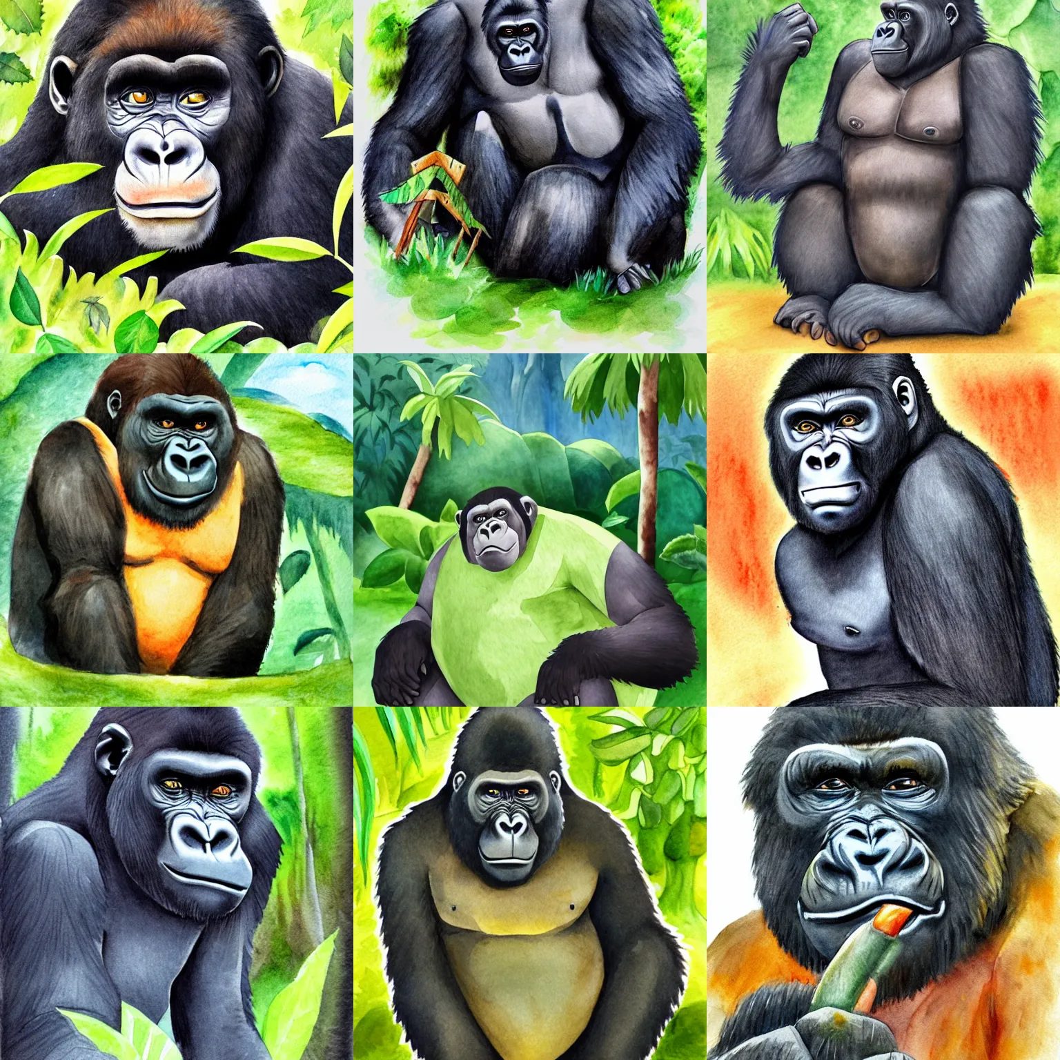 Prompt: a gorilla on the jungle crossing his arms and looking sad, children's book illustration, watercolour, artstation, behance, devianart