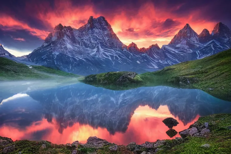 Image similar to amazing landscape photo of mountains with lake in sunset by marc adamus dramatic lighting, Gediminas Pranckevicius