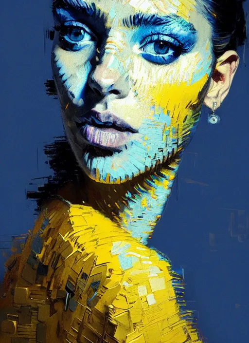 Image similar to portrait of a beautiful girl, new york backdrop, sad, shades of blue and yellow, beautiful face, rule of thirds, intricate outfit, spotlight, by greg rutkowski, by jeremy mann, by francoise nielly, by van gogh, digital painting