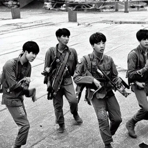 Image similar to BTS boyband fighting in the Vietnam war, historical photo, vintage photo, 1965