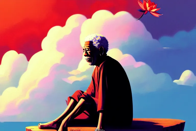 Image similar to Pixiv Digital art Full Body Extreme Detailed Full and Isolated and singular portrait of Morgan Freeman sitting on a Cloud in the sky. His legs are crossed lotus position in the scene is full of clouds by Ilya Kuvshinov and Greg Rutkowski