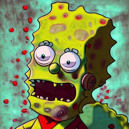 Prompt: grunge painting of spongebob with a wide smile and a red balloon rick and morty style, creepy lighting, horror theme, detailed, elegant, intricate, conceptual