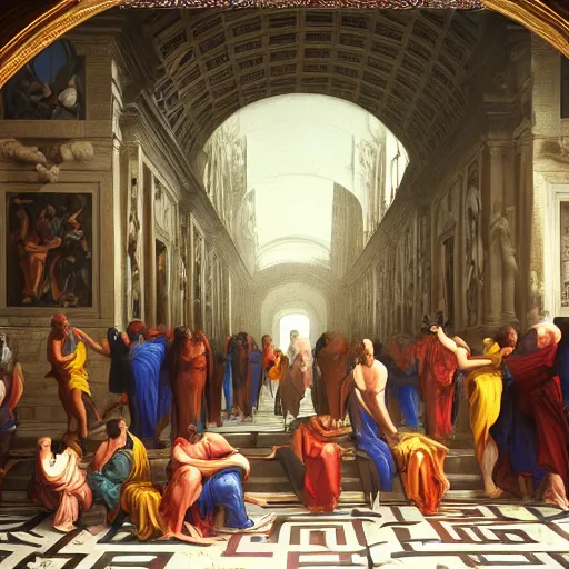 Prompt: cyberpunk the school of athens, iconic paiting, concept art, art, hyper detailed, intricate, 8 k, illustration