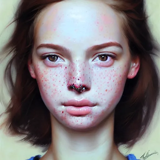 Image similar to Facial portrait of a pretty young girl, looking at the camera, slight awkward smile, lips slightly parted, some light freckles, no hands visible, extremely detailed painting by Greg Rutkowski and by Steve Henderson and by Harumi Hironaka