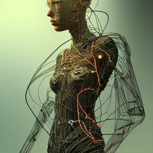 Image similar to a beautiful body of a pilot woman partially made of wires and electronic circuits, an ultrafine detailed illustration by james jean, final fantasy, intricate linework, bright colors, behance contest winner, vanitas, angular, altermodern, unreal engine 5 highly rendered, global illumination, radiant light, detailed and intricate environment