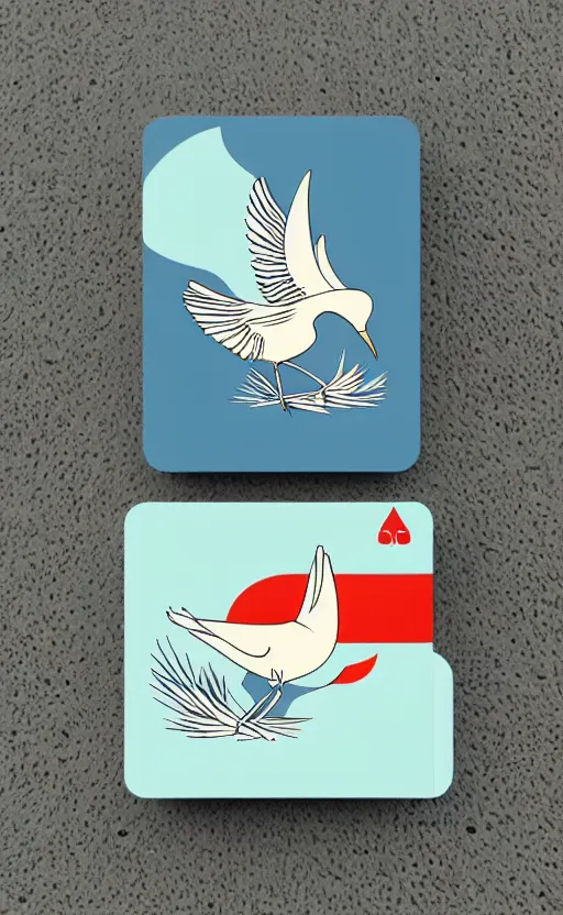 Prompt: poker card design, simple design, modern, solid colors, japanese crane bird in center, pines symbol in the corners, vivid colors, clean style, trending on kickstarter