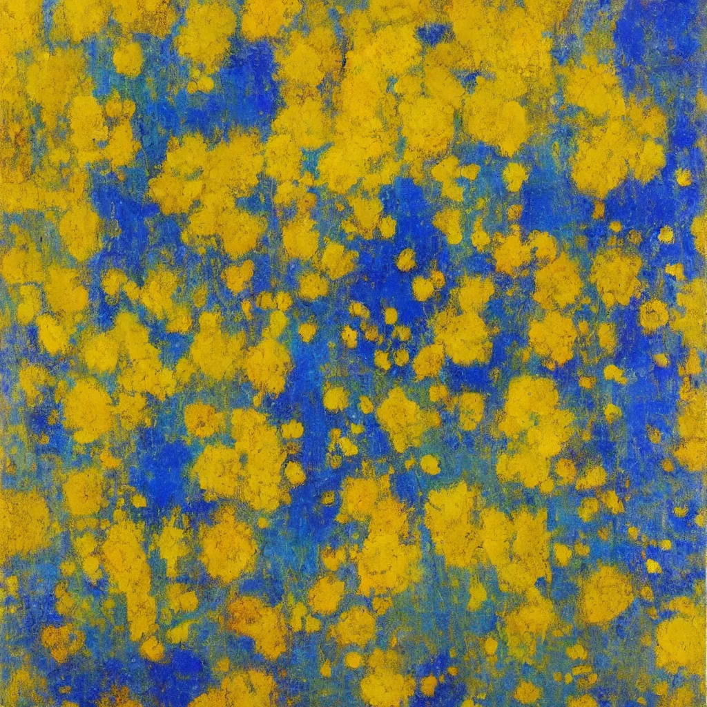 Prompt: “ yellow and blue flowers on background of golden leaves wall panel by odilon redon ”