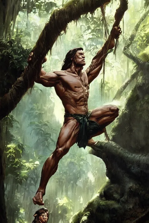 Image similar to tarzan swinging from trees, by Frank Frazetta, Greg Rutkowski, Boris Vallejo, epic fantasy character art, Exquisite detail, post-processing, low angle, masterpiece, cinematic