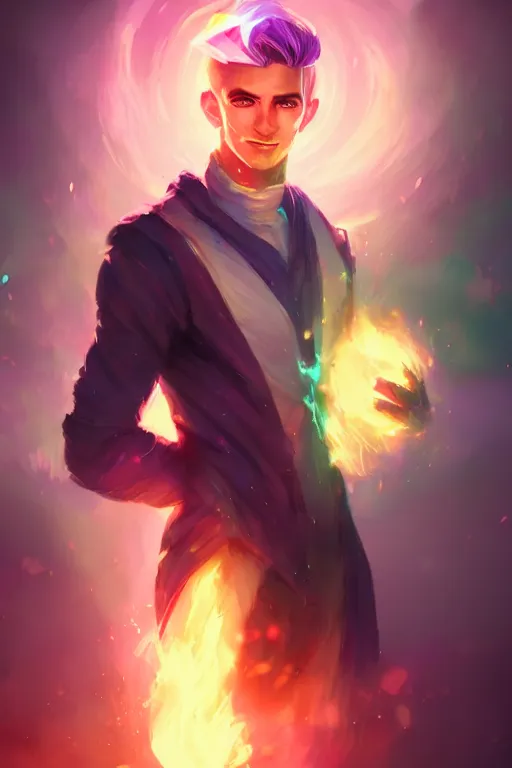 Image similar to a human elemental sorcerer, blurred environment background, colorful magic effects, white skin, portrait, male, clothed, sharp focus, digital art, concept art, trending on artstation, dynamic lighting, by emylie boivin and rossdraws