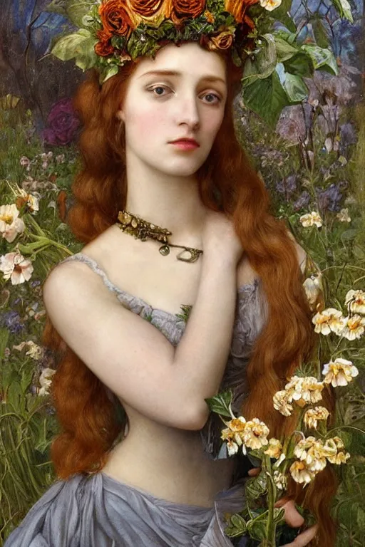 Image similar to close-up portrait of a beautiful young cyborg woman with a big steampunk flower crown, Pre-Raphaelite