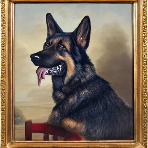 Image similar to a oil painting of a anthropomorphic german shepherd beast - man, wearing military outfit, sitting on an armchair