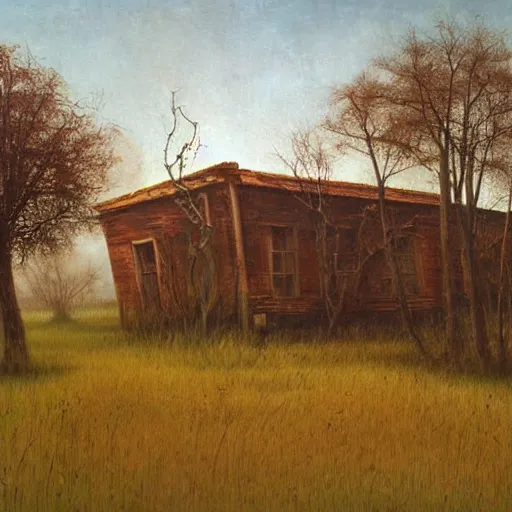 Prompt: an abandoned old rusty American house on a field oil painting in style of Zdislaw Beksinski