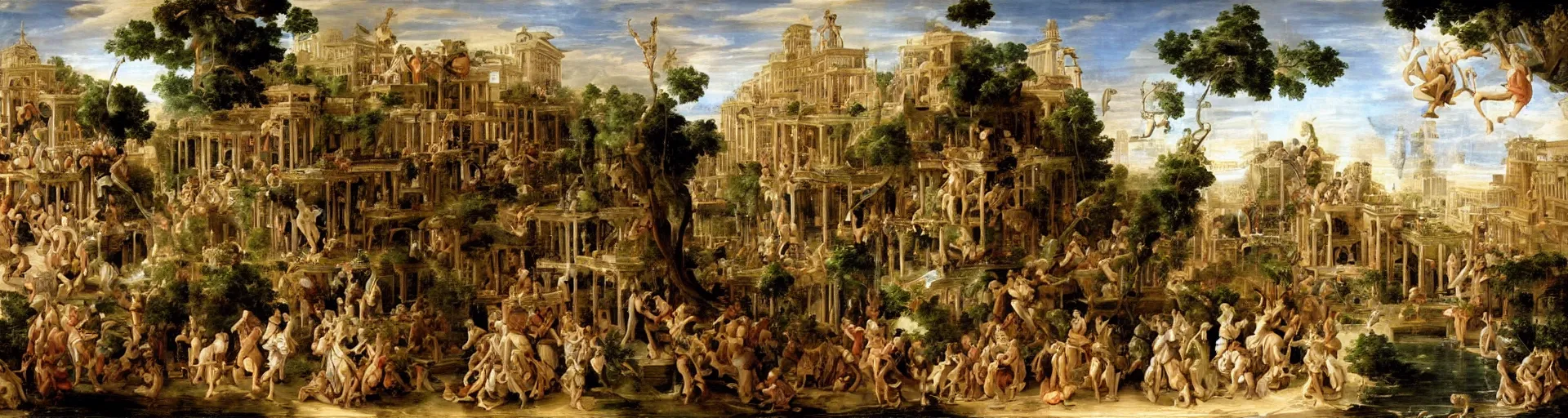 Prompt: baroque painting of the hanging gardens of babylon