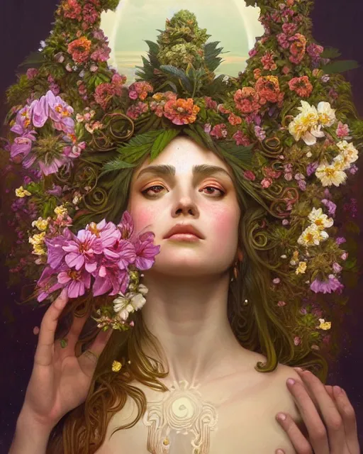 Prompt: portrait of goddess gaea, flowery face, upper body, decorated with cannabis flowers, intricate, elegant, highly detailed, digital painting, artstation, concept art, smooth, sharp focus, illustration, art by artgerm and greg rutkowski and alphonse mucha, 8 k