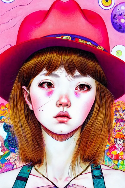 Image similar to girl wearing cowboy hat, style of yoshii chie and hikari shimoda and martine johanna, highly detailed