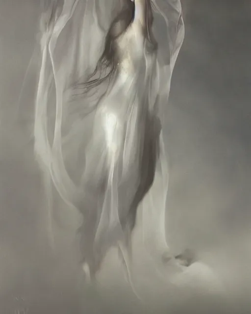 Prompt: mid shot render of an ethereal ghostlike figure fluid simulation in houdini dancing in dark smoke robes and silk veils by ilm, paolo roversi, nick knight, gill elvgren, beautiful futuristic simplified form distorted by turbulent movement, dark studio background, deep color, trending on artstation, hyperrealism, matte painting, dutch golden age, fine detail, zbrush central