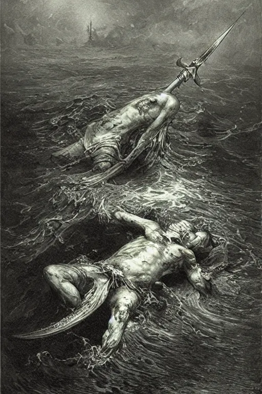 Image similar to painting by gustave dore of a drowned zombie with!! glowing cyan eyes!!, holding a trident, underwater