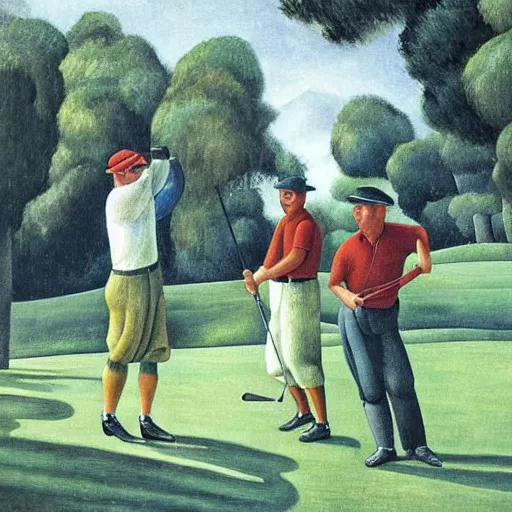 Image similar to Three golfers on a beautiful golf course, by Diego Rivera