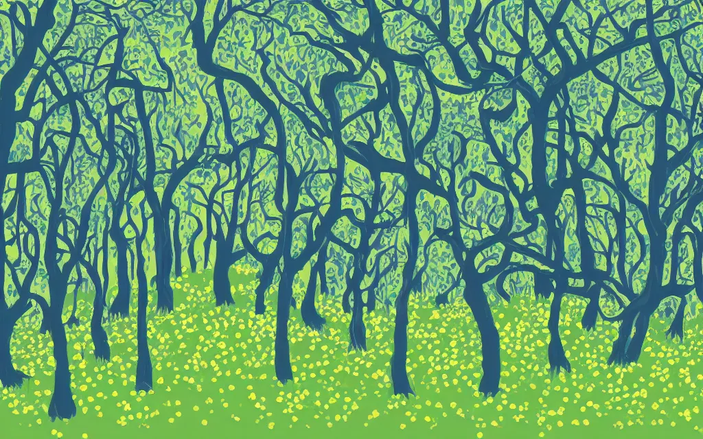 Image similar to a sprawling flowery meadow with tall trees, in the style of Eyvind Earle