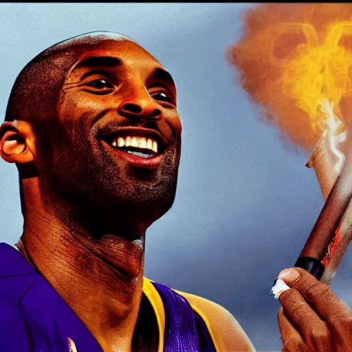 Image similar to selfie of kobe bryant holding a giant cigarette in a helicopter filled with smoke, 8k resolution, hyper detailed