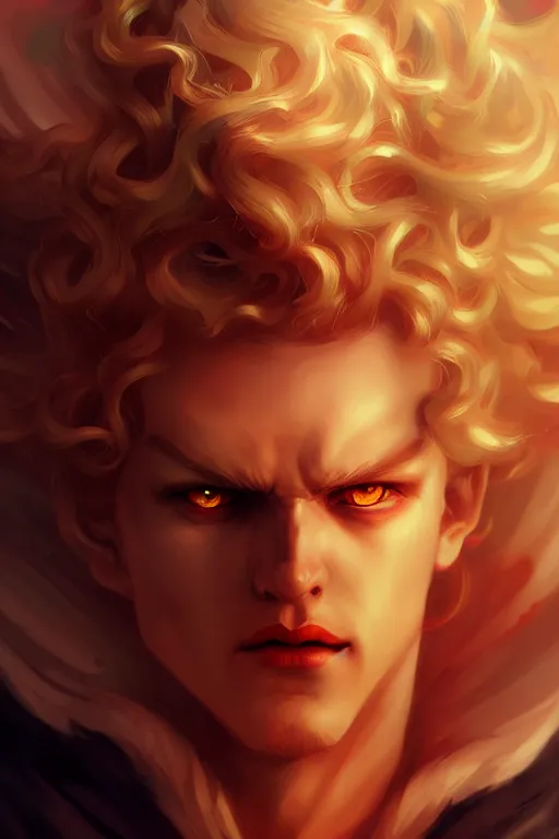 Image similar to digital art of a pale menacing Angel of Battle with fluffy blond curls of hair and piercing red eyes, central composition, gilded black uniform, he commands the fiery power of resonance and wrath, by WLOP, Artstation, CGsociety