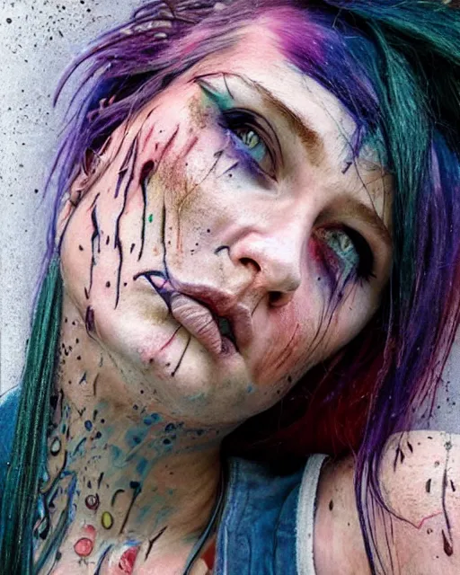 Prompt: attractive grungy woman with rainbow hair, drunk, angry, soft eyes and narrow chin, dainty figure, long hair straight down, torn overalls, basic white background, side boob, tattooed, pierced, biting lip, wet shirt, wet, raining, highly detailed face, realistic face, beautiful detailed eyes, fantasy art, in the style of greg rutkowski, illustration, epic, fantasy, intricate, hyper detailed, artstation, concept art, smooth, sharp focus, ray tracing, vibrant,