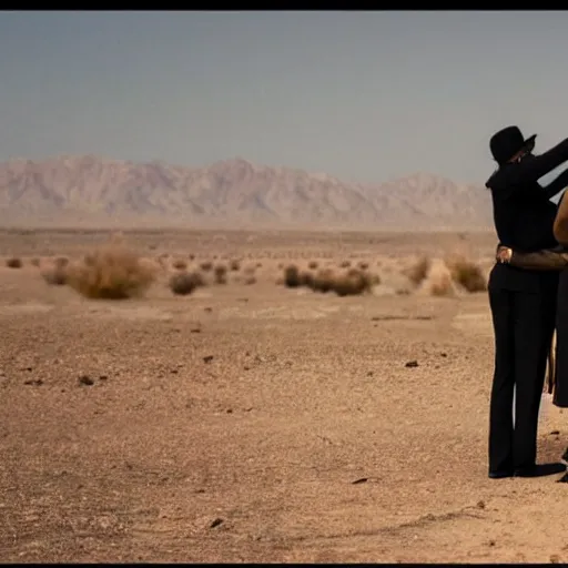 Prompt: Two detectives standing in the desert facing the same direction while one hugs the other from behind. The detective hugging the other from behind is a darker-skinned male and the detective he is hugging is a tall, light-skinned female.