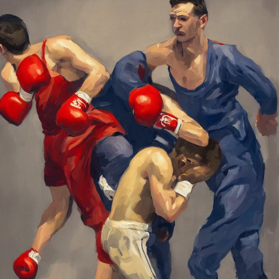 Image similar to a portrait of of boxing man, in the style of edward hopper, in the style of max ginsburg, realism, very small brushstrokes, cinematic lighting, moody, very aesthetic, boxing in an arena, big crowd in the back, flashing lights, blue light, 4 k,