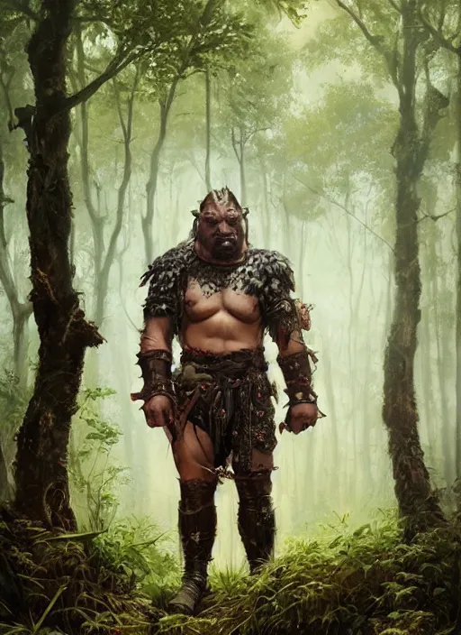 Image similar to a portrait painting of an elder male orc fighter in leather armour on a beautiful lush forest meadow, morning, art by Tristan Eaton, Stanley Artgerm, Tom Bagshaw, Greg Rutkowski, Carne Griffiths