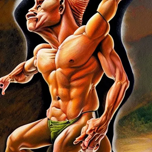 Prompt: beautiful lifelike painting of a centaur centaur centaur chimera tom cruise torso, hyperreal detailed facial features and uv lighting, art by ed roth and basil wolverton