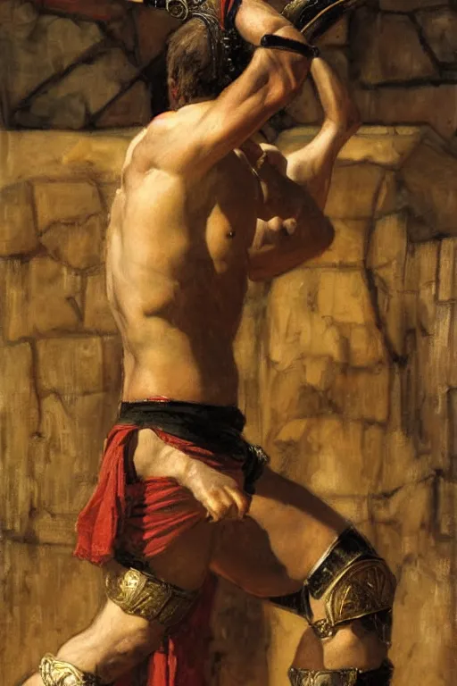 Image similar to muscular gladiator, orientalist intricate portrait by john william waterhouse and edwin longsden long and theodore ralli and nasreddine dinet, hyper realism, dramatic lighting