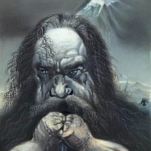 Prompt: Zdzisław Beksiński painting of Gimli