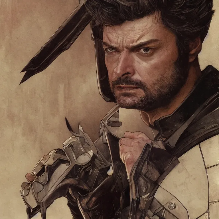 Image similar to Karl Urban as Wolverine, highly detailed, digital painting, artstation, concept art, smooth, sharp focus, illustration, ArtStation, art by artgerm and greg rutkowski and alphonse mucha and J. C. Leyendecker and Edmund Blair Leighton and Katsuhiro Otomo and Geof Darrow and Phil hale and Ashley wood and Ilya repin and Charlie Bowater