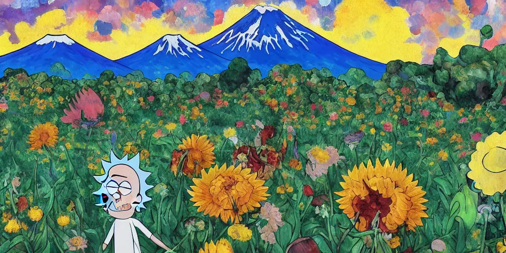 Prompt: Rick and morty in a Field of mixed flowers, Mount Fuji blurred in the background, good news on Sunday, Cézanne style,XIXth century painting with gold frame