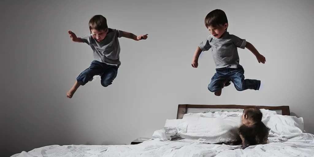 Prompt: little cute boy jumping on his bed by Victor Nizovstev