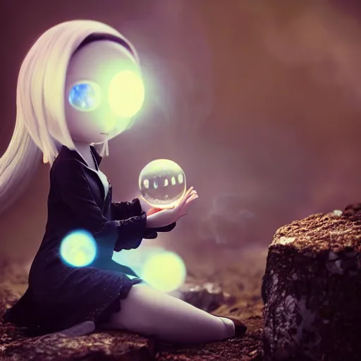 Image similar to cute fumo plush girl gazing into a crystal ball swirling with strange energy, smoke and volumetric fog, witch girl, soothsayer, lens flare glow, chibi anime, vray