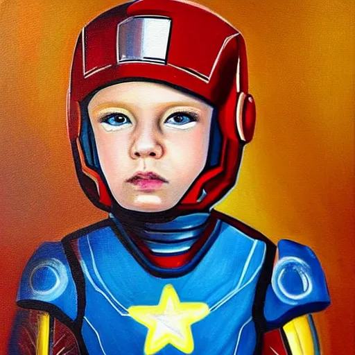 Prompt: a cute seven year old boy with tousled blonde hair and blue eyes holding an iron man helmet, beautiful painting by magali villanueve and raymond swanland